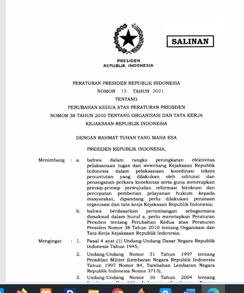 Cover PERUBAHAN KEDUA ATAS PERATURAN PRESIDEN NOMOR 38 TAHUN 2010 TENTANG ORGANISASI DAN TATA KERJA KEJAKSAAN REPUBLIK INDONESIA