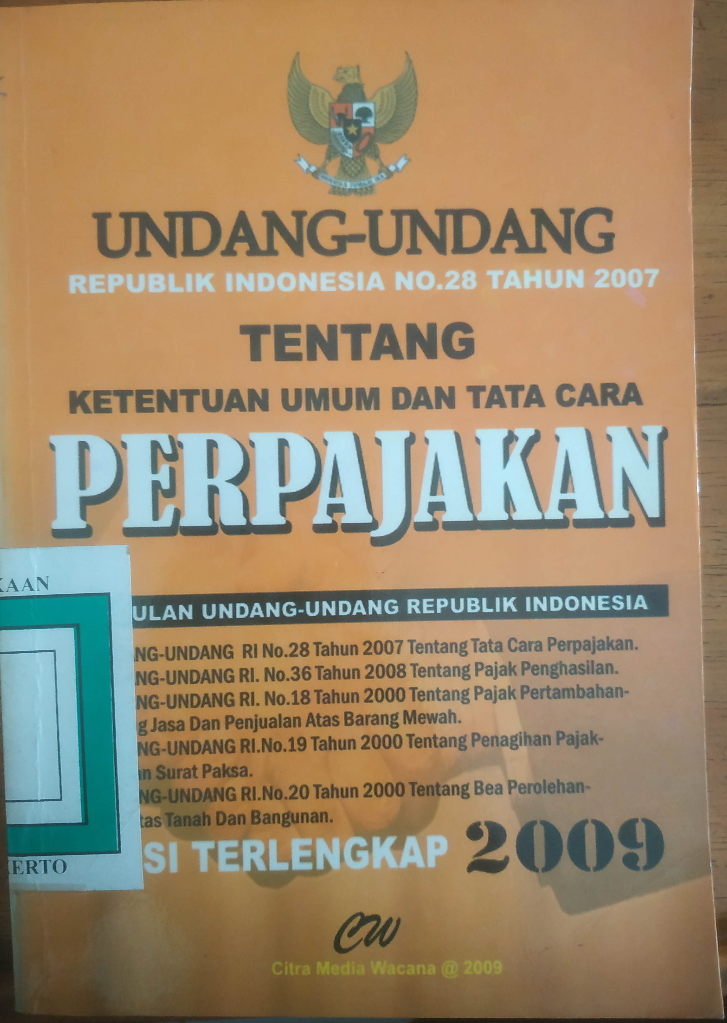 Cover UURI No. 28 Tahun 2007 tentang Ketentuan Umum dan Tata Cara Perpajakan