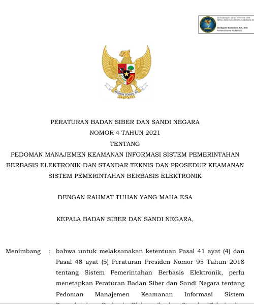 Cover Pedoman Manajemen Keamanan Informasi Sistem Pemerintahan Berbasis Elektronik dan Standar Teknis dan Prosedur Keamanan Sistem Peme
