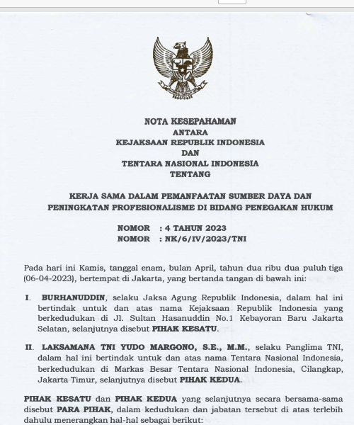 Cover  NOTA KESEPAHAMAN ANTARA KEJAKSAAN REPUBLIK INDONESIA DAN TENTARA NASIONAL INDONESIA TENTANG KERJASAMA DALAM PEMANFAATAN SUMBER DAYA DAN PENINGKATAN PROFESIONALISME DI BIDANG PENEGAKAN HUKUM