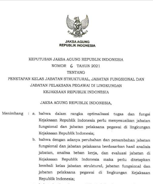 Cover PENETAPAN KELAS JABATAN STRUKTURAL, JABATAN FUNGSIONAL DAN JABATAN PELAKSANA PEGAWAI DI LINGKUNGAN KEJAKSAAN REPUBLIK INDONESIA