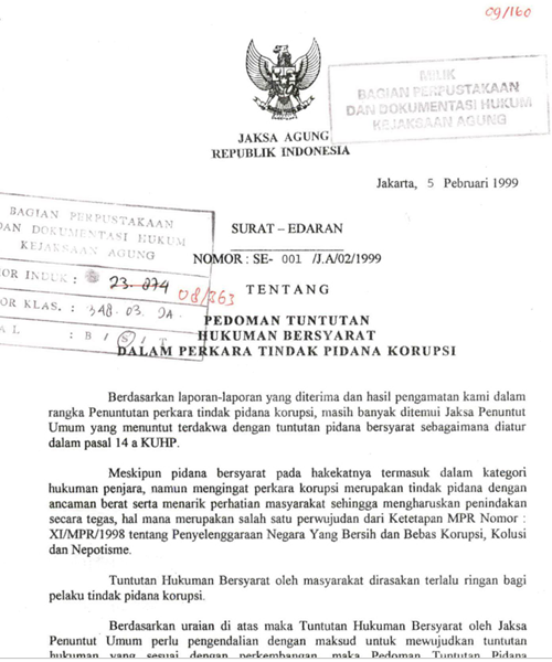 Cover PEDOMAN TUNTUTAN HUKUMAN BERSYARAT DALAM PERKARA TINDAK PIDANA KORUPSI