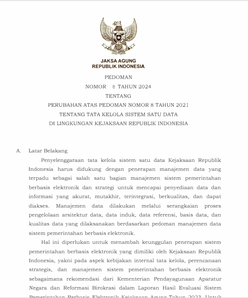 Cover Perubahan Atas Pedoman Nomor 08 Tahun 2021 Tata Kelola Sistem Satu Data Di Lingkungan Kejaksaan RI