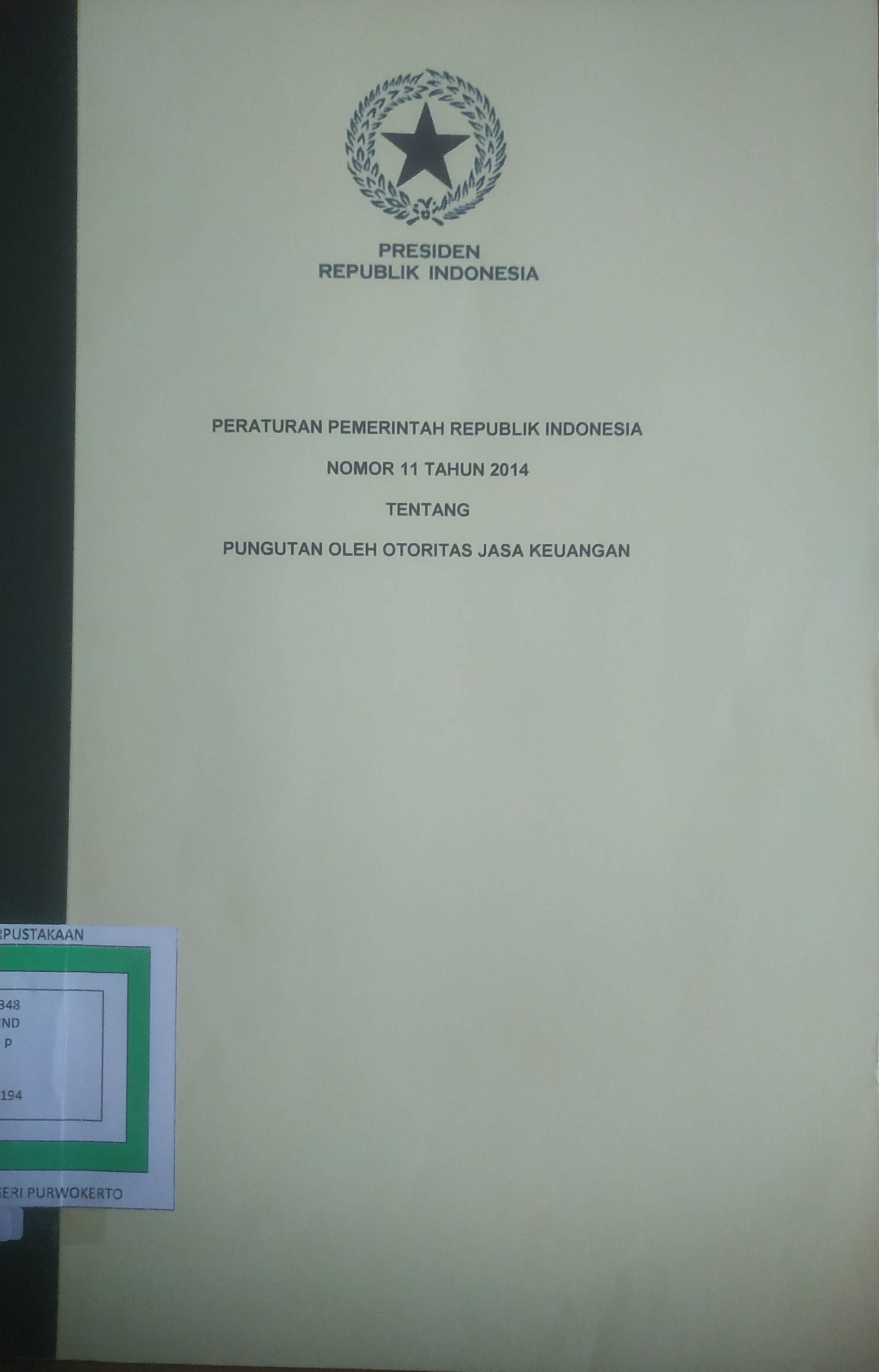 Cover Peraturan Pemerintah Republik Indonesia No. 11 tahun 2014 tentang Pungutan oleh Otoritas Jasa Keuangan.