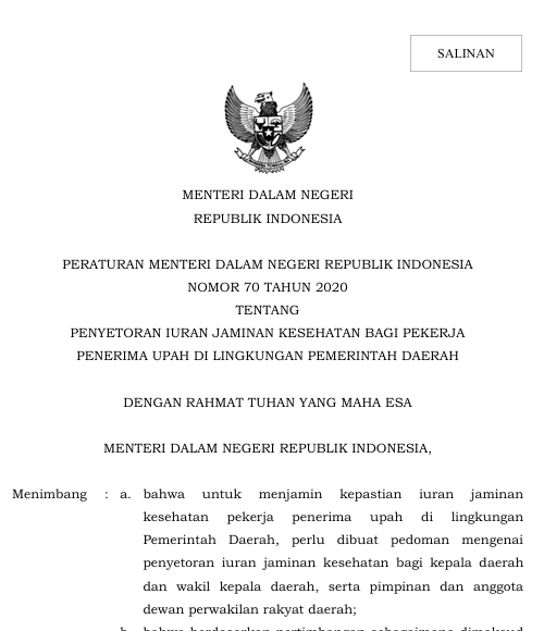 Cover Penyetoran Iuran Jaminan Kesehatan bagi Pekerja Penerima Upah di Lingkungan Pemerintah Daerah