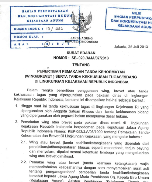 Cover PENERTIBAN PEMAKAIAN TANDA KEHORMATAN (WING ATAU BREVET) SERTA TANDA KEKHUSUSAN TUGAS ATAU BIDANG DILINGKUNGAN KEJAKSAAN REPUBLIK INDONESIA